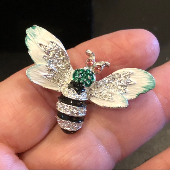 Vintage bees / wasps pins brooch set of 2, silver & teal.  Mom and baby - Picture 6 of 9